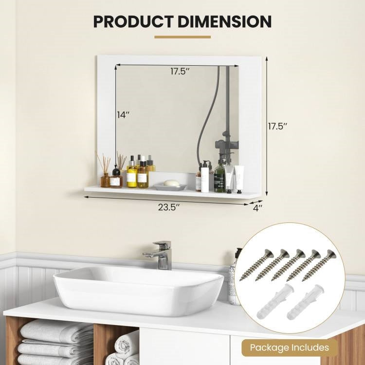 Rectangular Bathroom Wall Mirror with Storage Shelf and White Wood Frame above a sink with installation hardware shown.