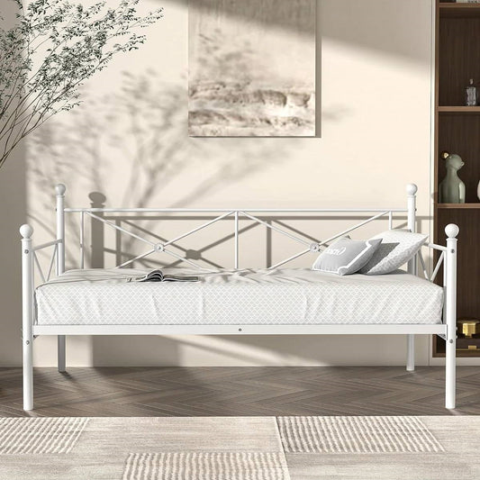 Twin size Heavy Duty Metal Daybed Frame in Classic White Finish in a modern room setting.