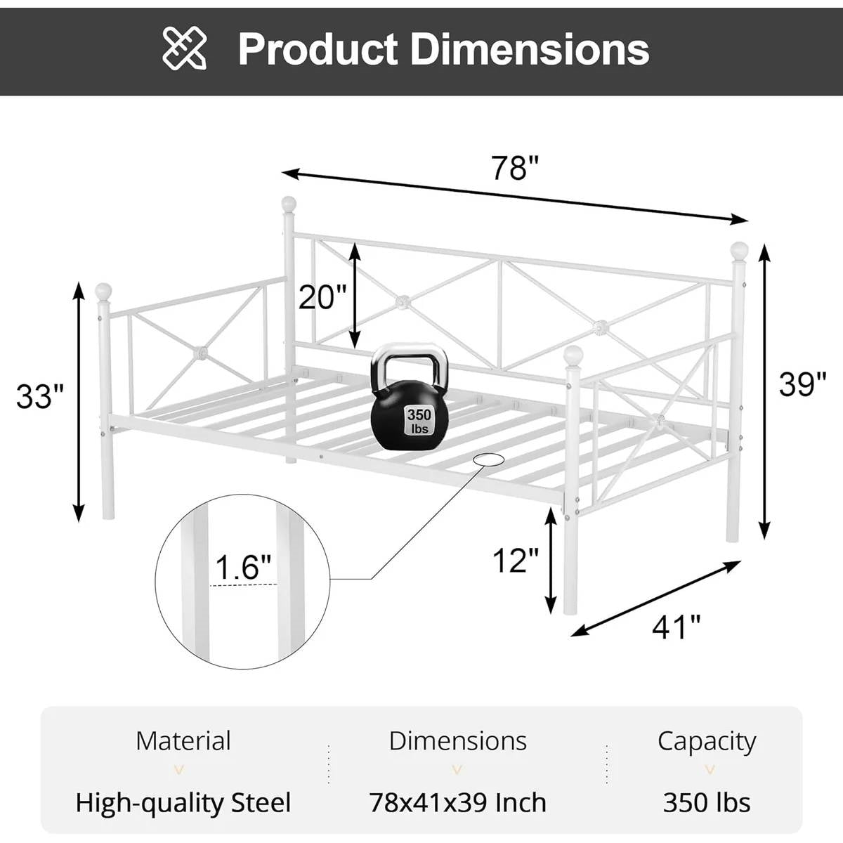 Product dimensions of Twin size Heavy Duty Metal Daybed Frame in Classic White Finish, features and weight capacity displayed.