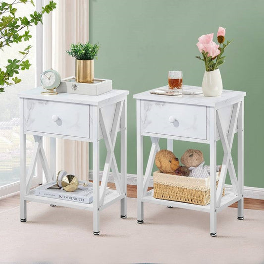 Set of 2 - Rustic Farmhouse 1-Drawer Nightstand Bedside Table in White with decorative accents and open shelving.