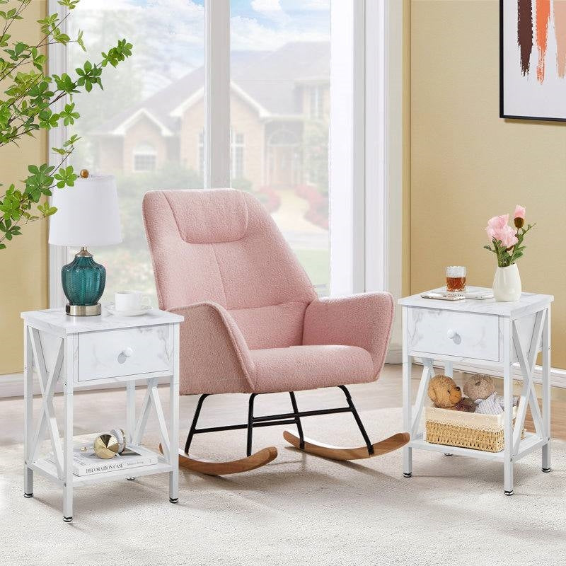 Set of 2 - Rustic Farmhouse 1-Drawer Nightstand Bedside Table in White styled next to a pink chair in a cozy living room setting.