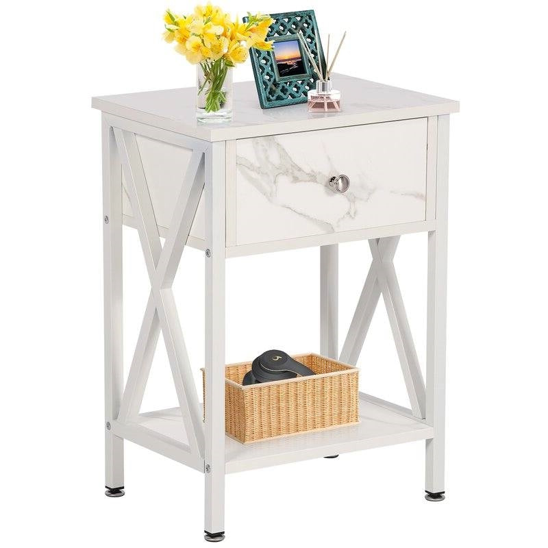 Set of 2 - Rustic Farmhouse 1-Drawer Nightstand Bedside Table in White with decorative items on top and open shelf below