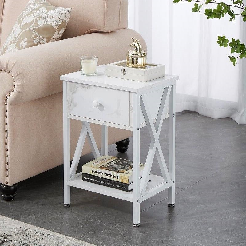 Set of 2 - Rustic Farmhouse 1-Drawer Nightstand Bedside Table in White with X-shaped accents and drawer for essentials.