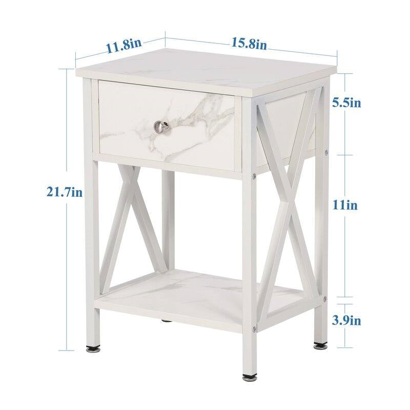 Set of 2 - Rustic Farmhouse 1-Drawer Nightstand Bedside Table in White with dimensions shown