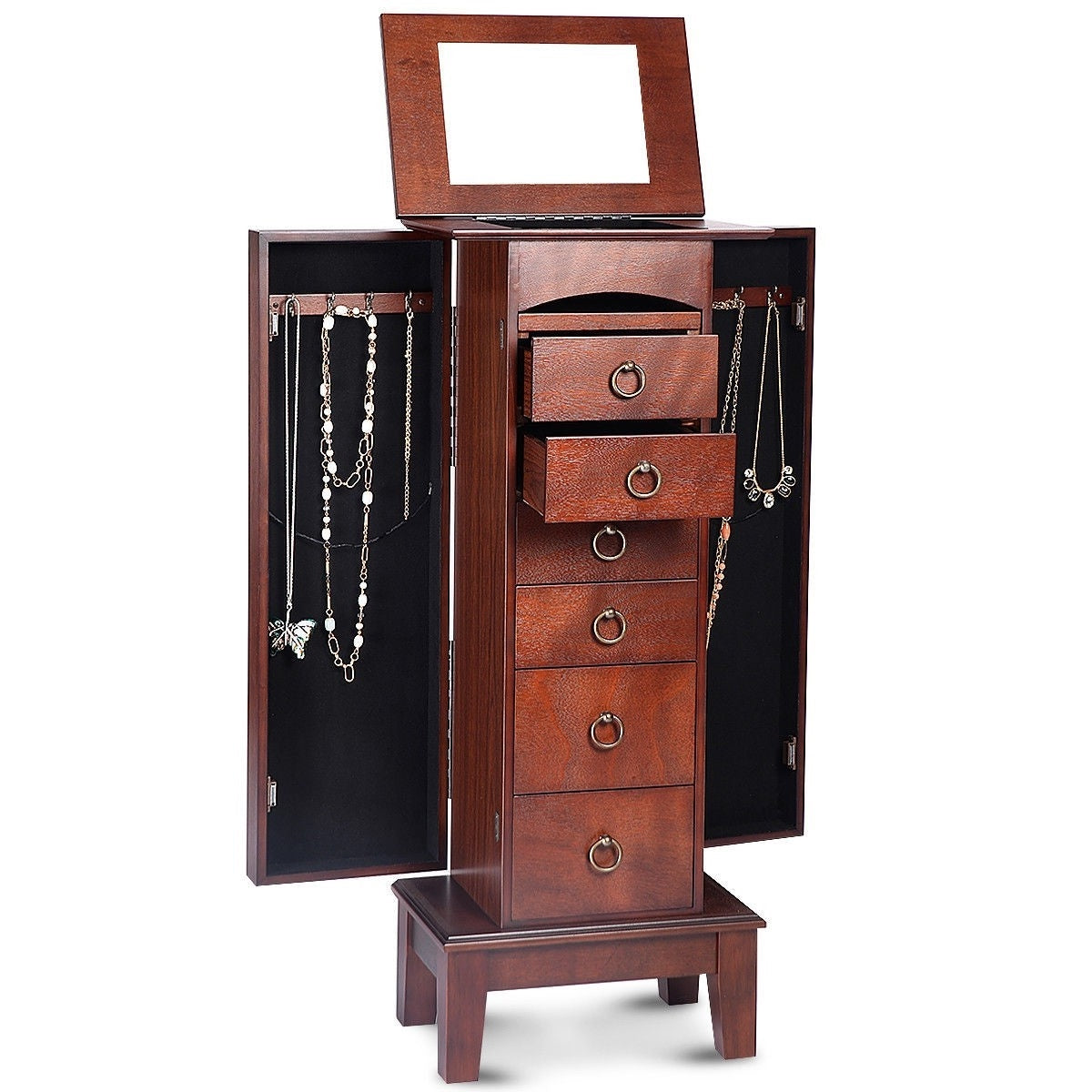 Medium Brown Wood Jewlery Armoire Storage Chest Cabinet with Mirror showing open drawers and jewelry compartments