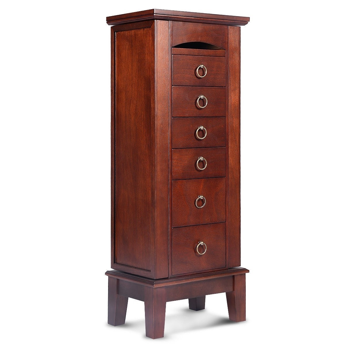 Medium Brown Wood Jewlery Armoire Storage Chest Cabinet with Mirror featuring six drawers and mirror lid.
