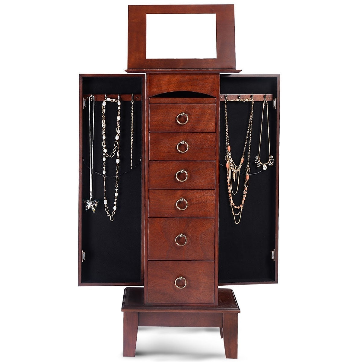 Medium Brown Wood Jewelry Armoire Storage Chest Cabinet with Mirror featuring six drawers and two swing-out doors