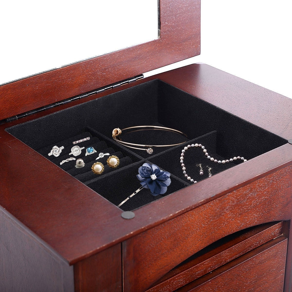 Medium Brown Wood Jewlery Armoire Storage Chest Cabinet with Mirror open showing jewelry and compartments