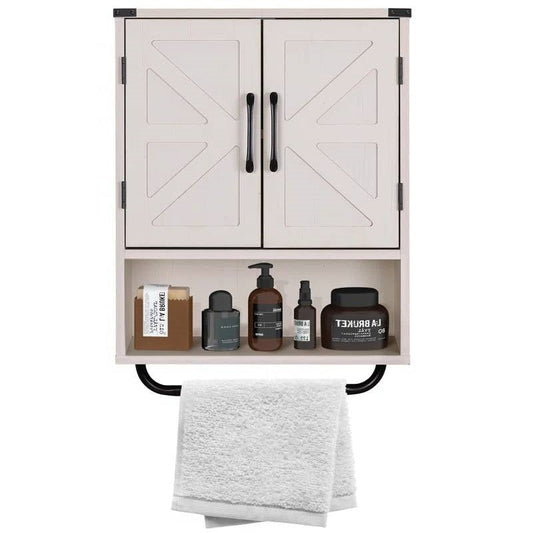 White Farmhouse Bathroom Wall Cabinet with Storage Shelf and Towel Bar featuring barn doors, displaying toiletries and a towel.