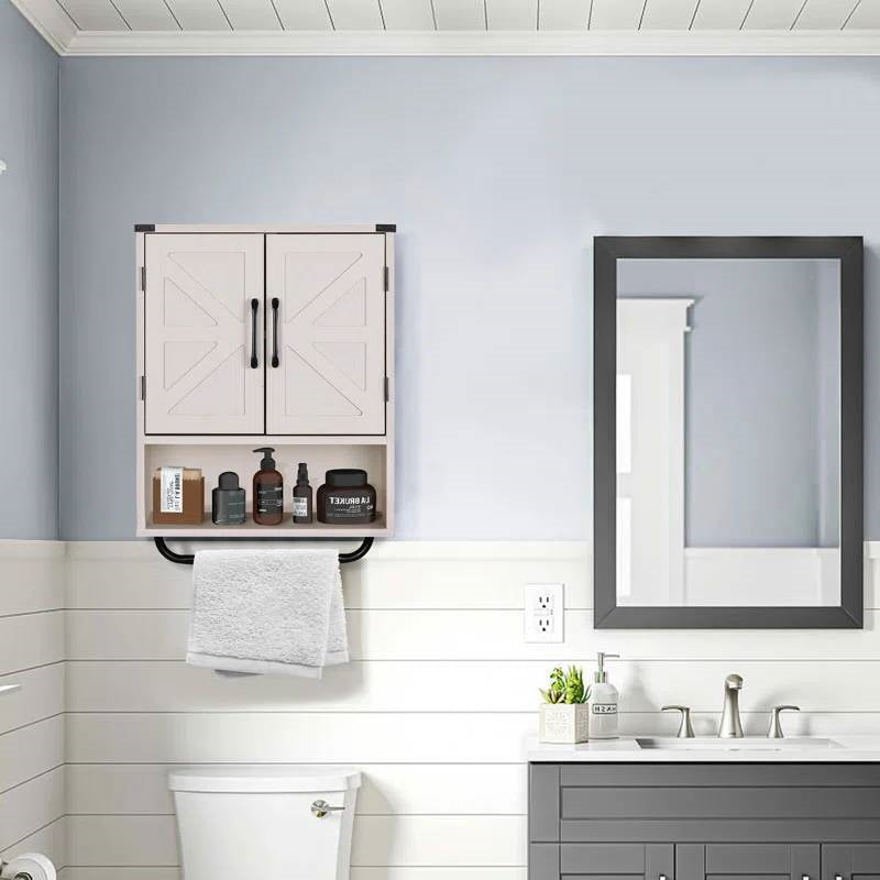 White Farmhouse Bathroom Wall Cabinet with Storage Shelf and Towel Bar above toilet with vintage design in rustic bathroom.