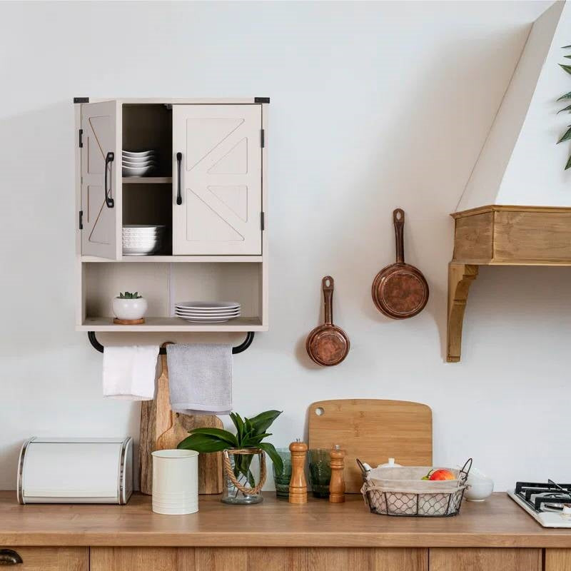 White Farmhouse Bathroom Wall Cabinet with Storage Shelf and Towel Bar in a rustic kitchen setting.