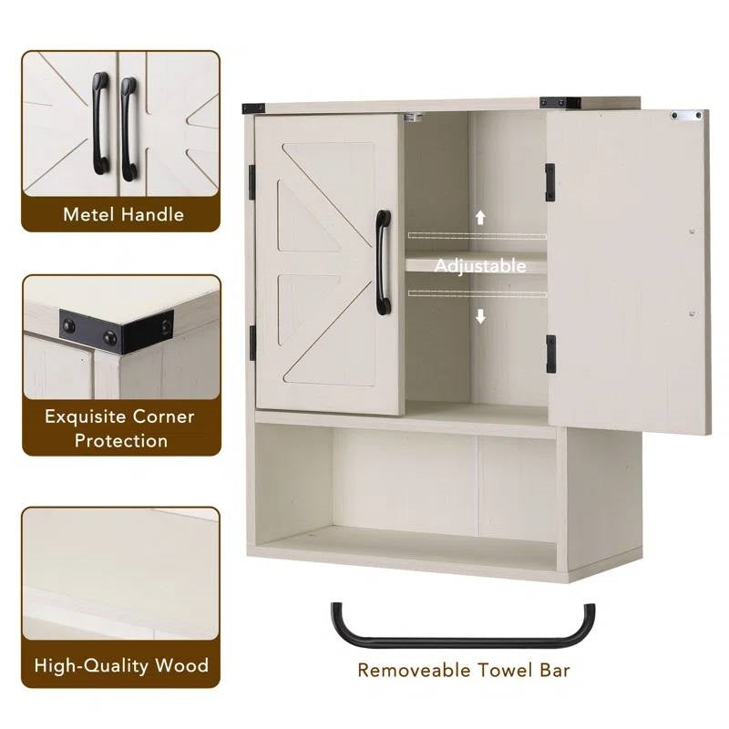 White Farmhouse Bathroom Wall Cabinet with Storage Shelf and Towel Bar featuring metal handles, barn doors, and adjustable shelves.