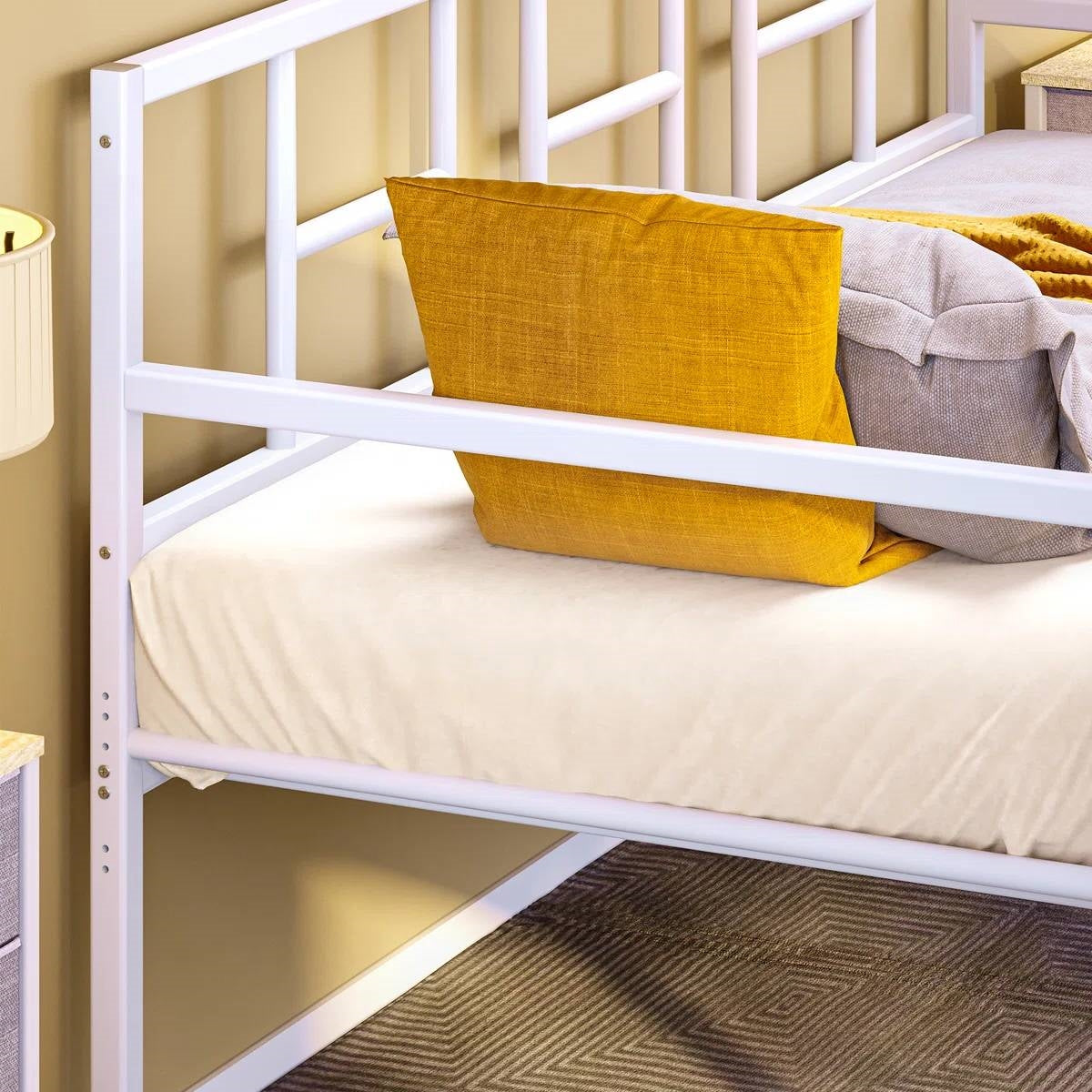 Twin size White Metal Daybed Frame with Roll Out Trundle Bed Frame in a modern room setup