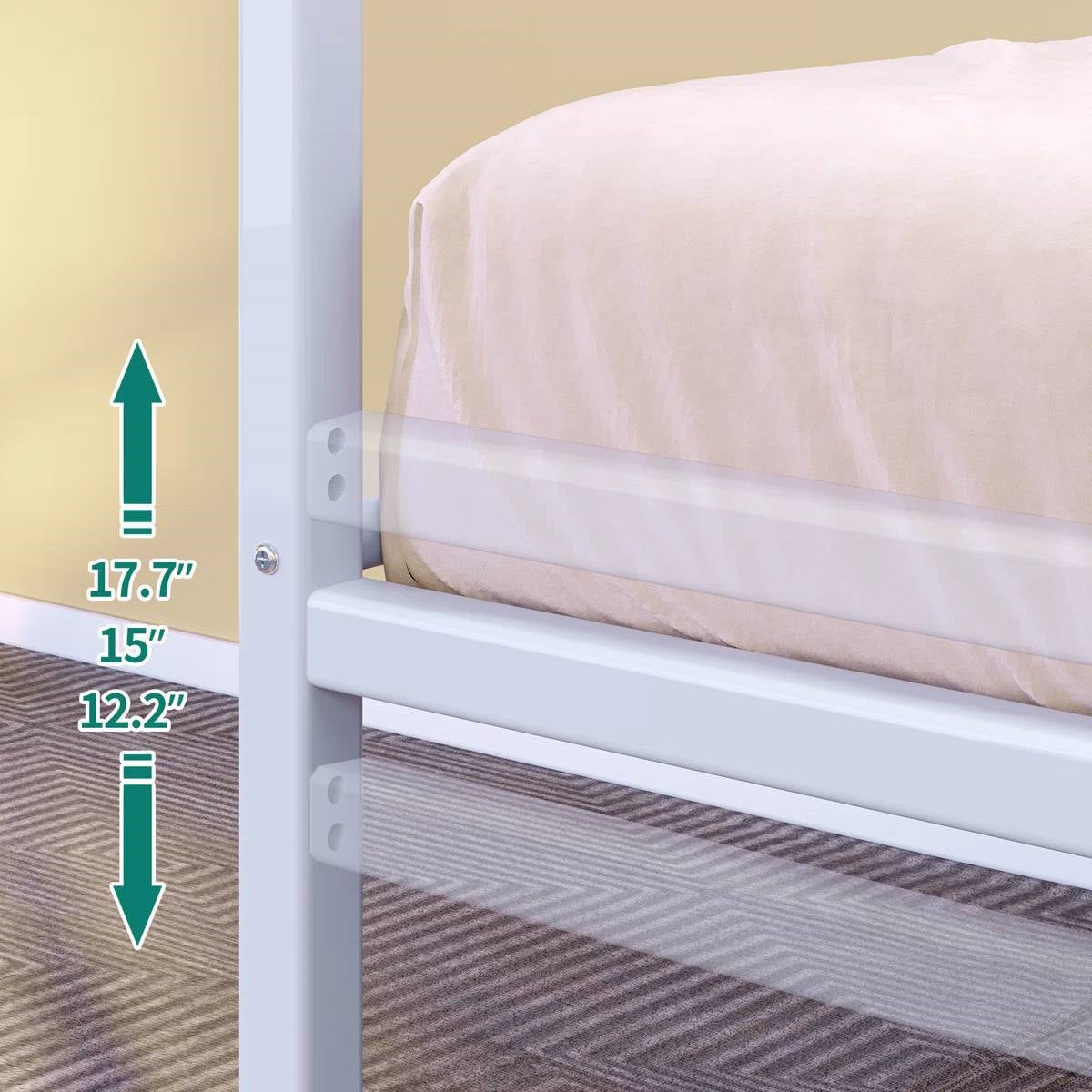 Close-up of Twin size White Metal Daybed Frame with Roll Out Trundle Bed Frame featuring height measurements for trundle clearance.