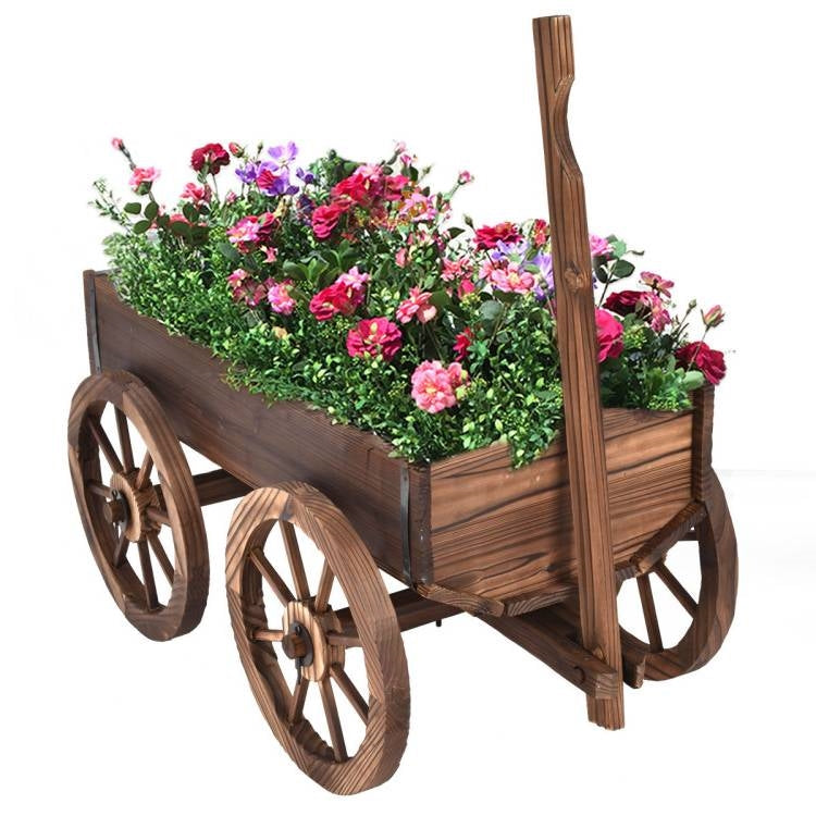 Outdoor Garden Fir Wood Barrel Planter Wagon on Wooden Wheels filled with colorful flowers, rustic and weather-resistant for patio or garden.