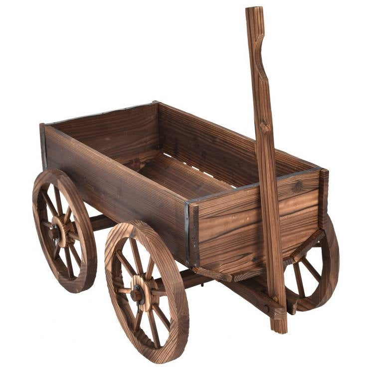 Outdoor Garden Fir Wood Barrel Planter Wagon on Wooden Wheels with rustic design and antique look