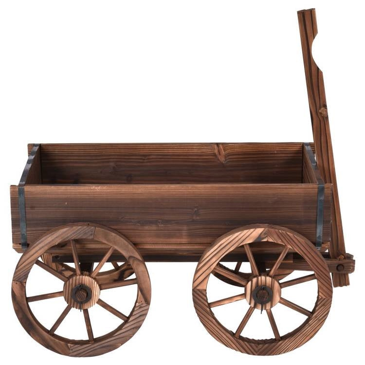 Outdoor Garden Fir Wood Barrel Planter Wagon on Wooden Wheels with rustic design and antique look, perfect for patio or garden décor.