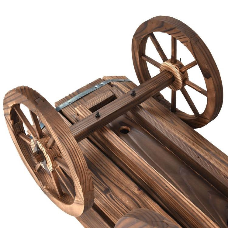 Close-up of an Outdoor Garden Fir Wood Barrel Planter Wagon on Wooden Wheels showing rustic design and sturdy construction.
