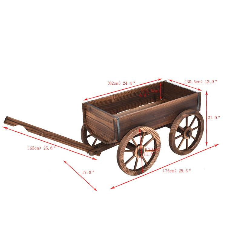 Outdoor Garden Fir Wood Barrel Planter Wagon on Wooden Wheels with rustic design and measurements.