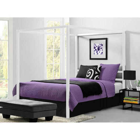 Queen size Modern White Metal Canopy Bed - No Box-Springs Required in a stylish bedroom setup with purple bedding.