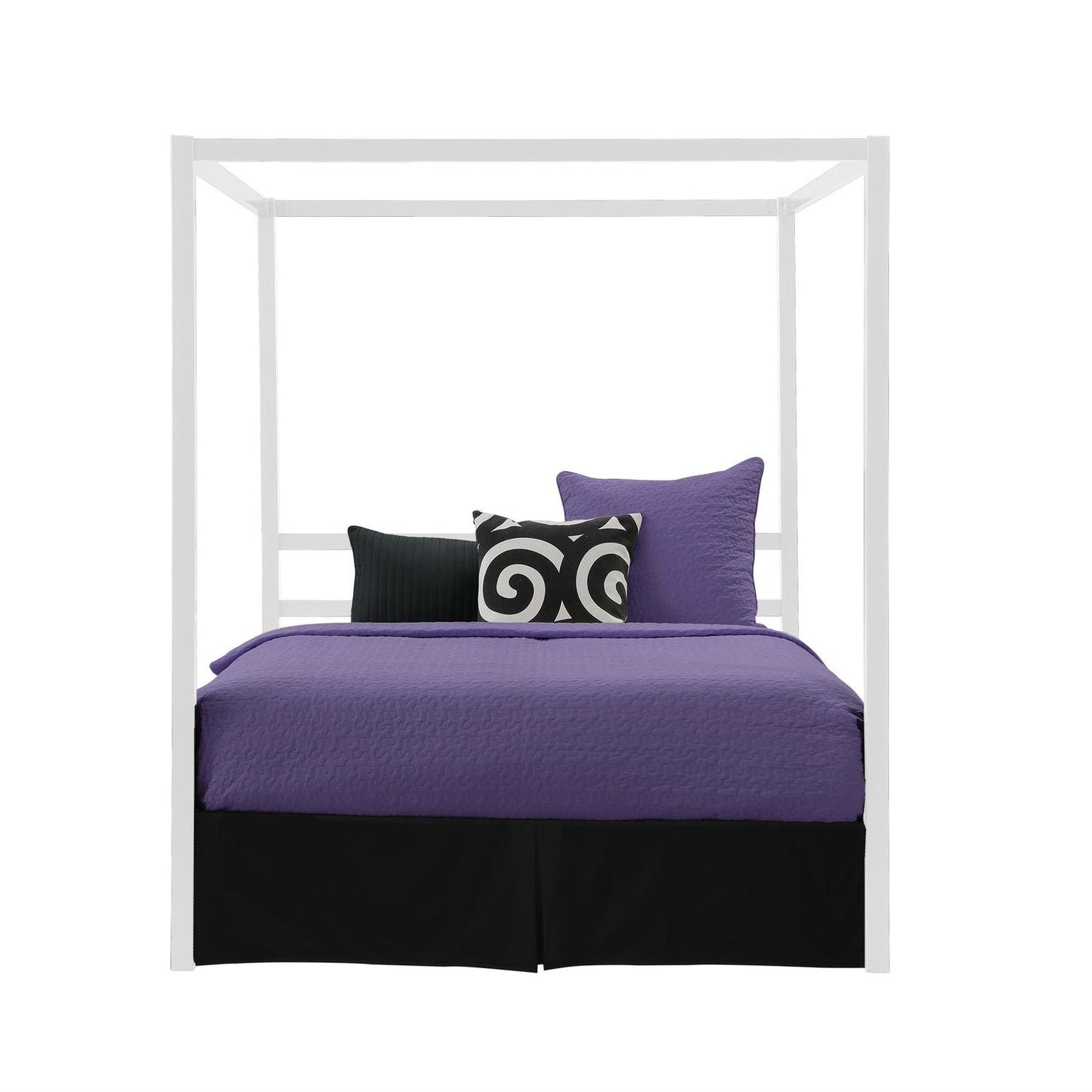 Queen size Modern White Metal Canopy Bed - No Box-Springs Required with purple bedding and decorative pillows