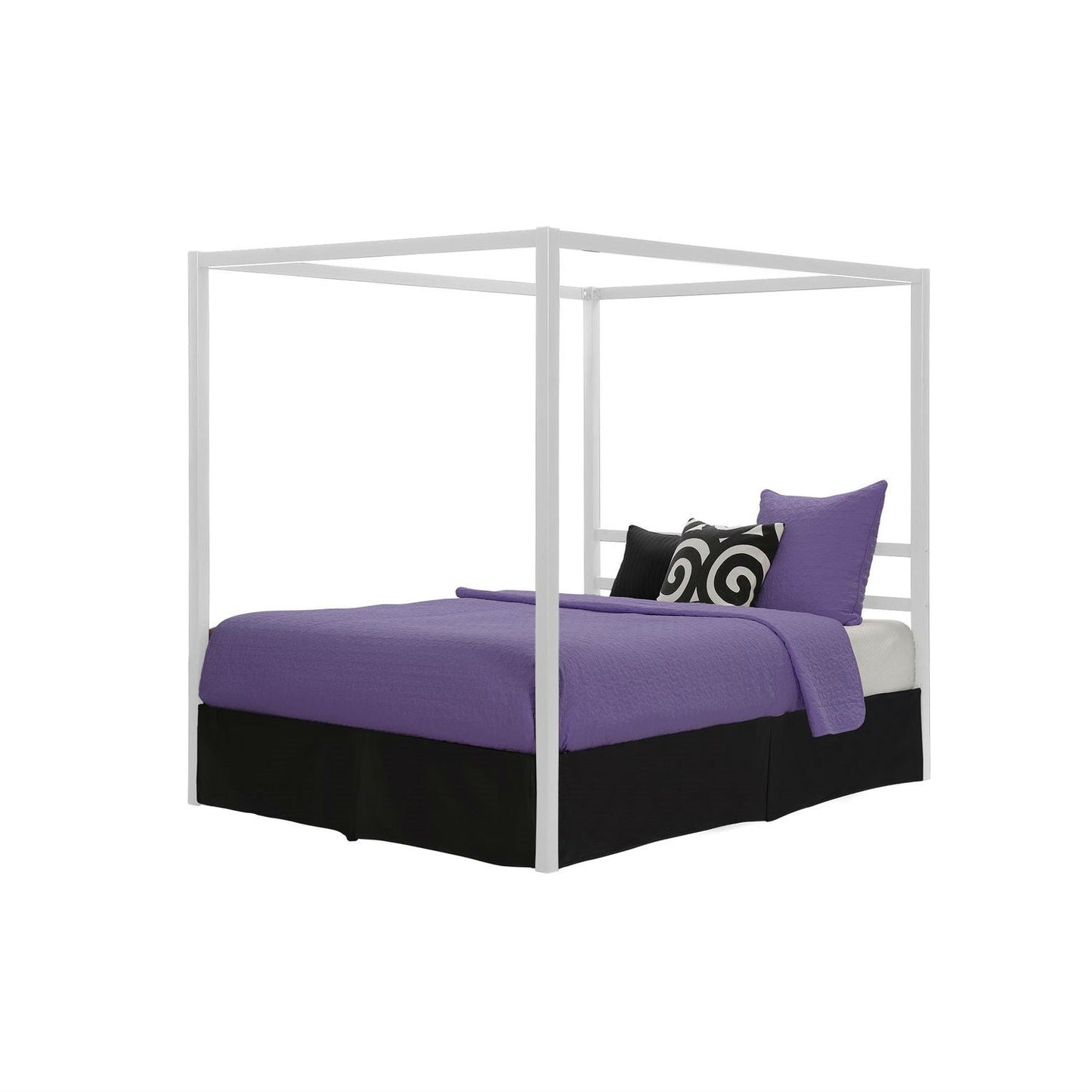 Queen size Modern White Metal Canopy Bed - No Box-Springs Required with sleek design