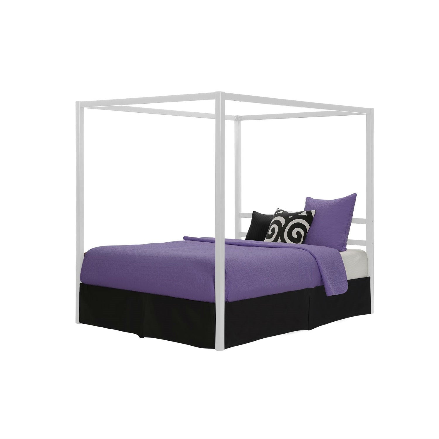Queen size Modern White Metal Canopy Bed - No Box-Springs Required with sleek design
