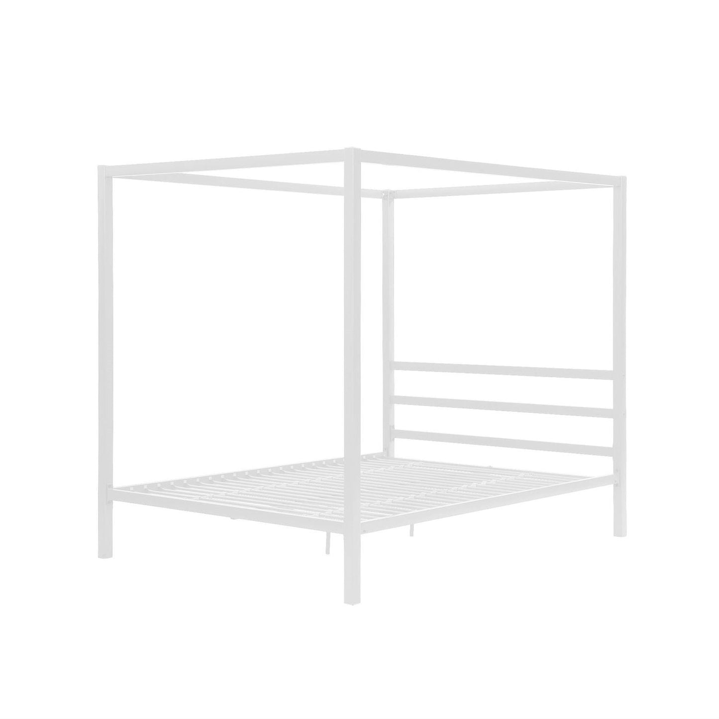 Queen size Modern White Metal Canopy Bed - No Box-Springs Required, sleek design, gun metal gray finish, 22 metal slats, no foundation needed