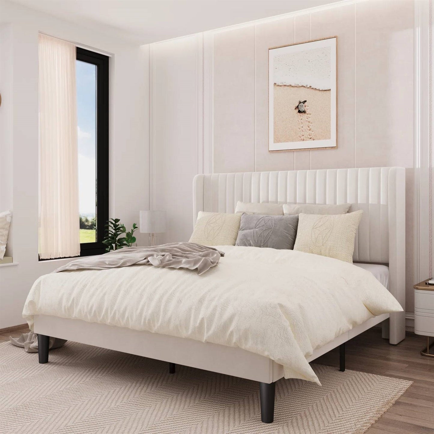 Queen size White Velvet Upholstered Platform Bed Frame with Wingback Headboard in a modern bedroom setting