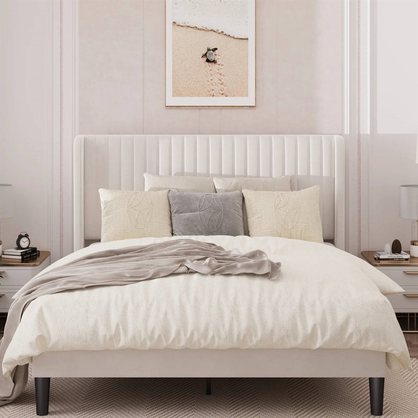 Queen size White Velvet Upholstered Platform Bed Frame with Wingback Headboard in a styled bedroom setting.