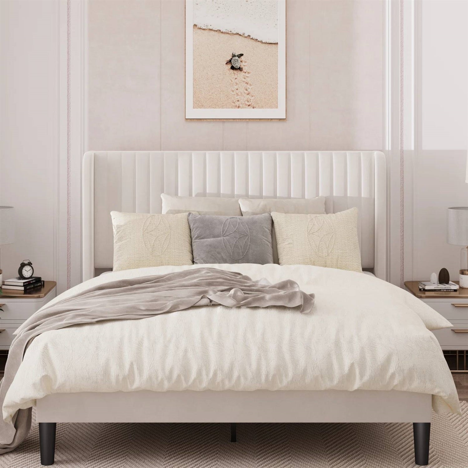 Queen size White Velvet Upholstered Platform Bed Frame with Wingback Headboard in a styled bedroom setting.