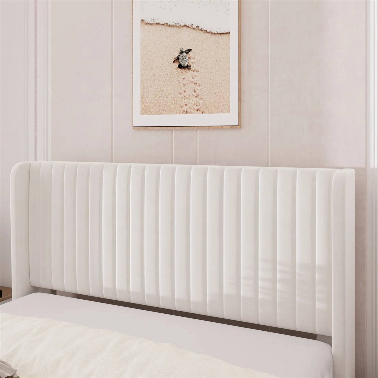Queen size White Velvet Upholstered Platform Bed Frame with Wingback Headboard in a minimal bedroom setting