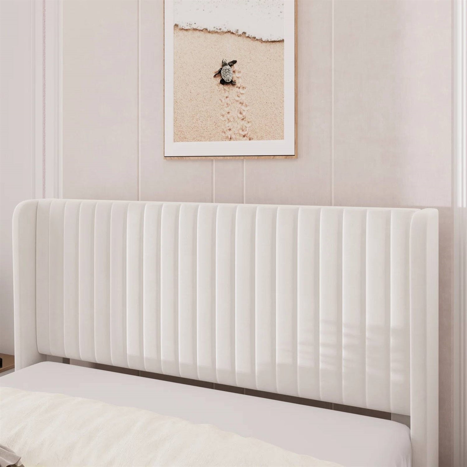 Queen size White Velvet Upholstered Platform Bed Frame with Wingback Headboard in a minimal bedroom setting
