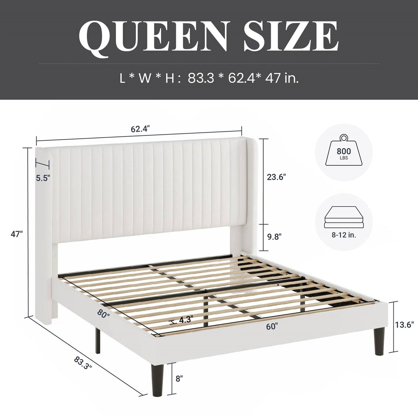 Queen size White Velvet Upholstered Platform Bed Frame with Wingback Headboard dimensions and features
