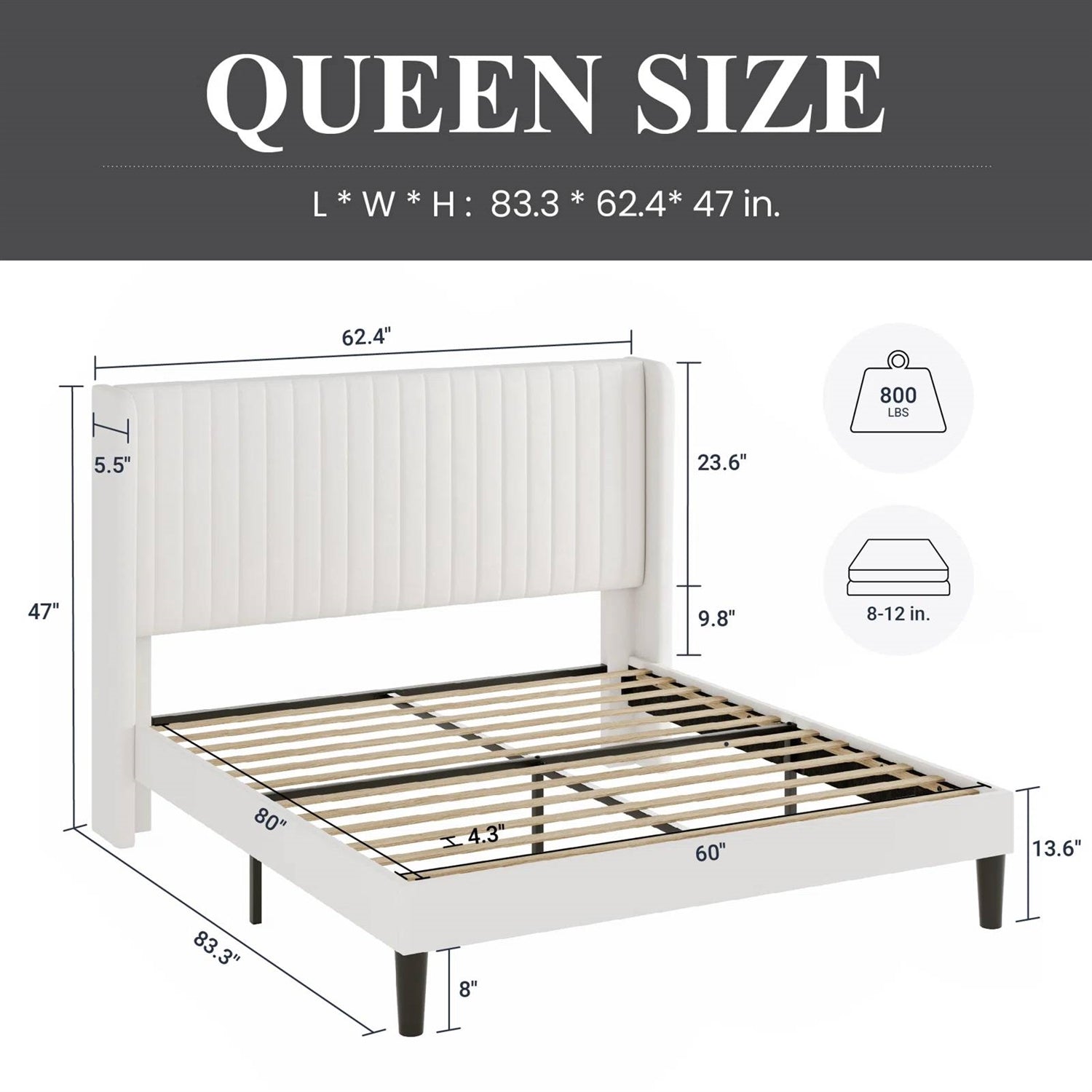 Queen size White Velvet Upholstered Platform Bed Frame with Wingback Headboard dimensions and features