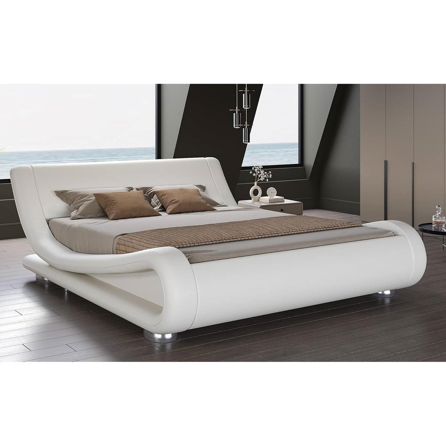 Queen Modern White Upholstered Platform Bed Frame with Sleigh Curved Headboard in a contemporary bedroom setting
