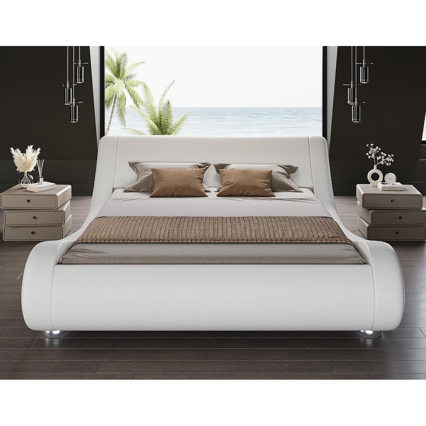 Queen Modern White Upholstered Platform Bed Frame with Sleigh Curved Headboard in a contemporary bedroom setting with ocean view.
