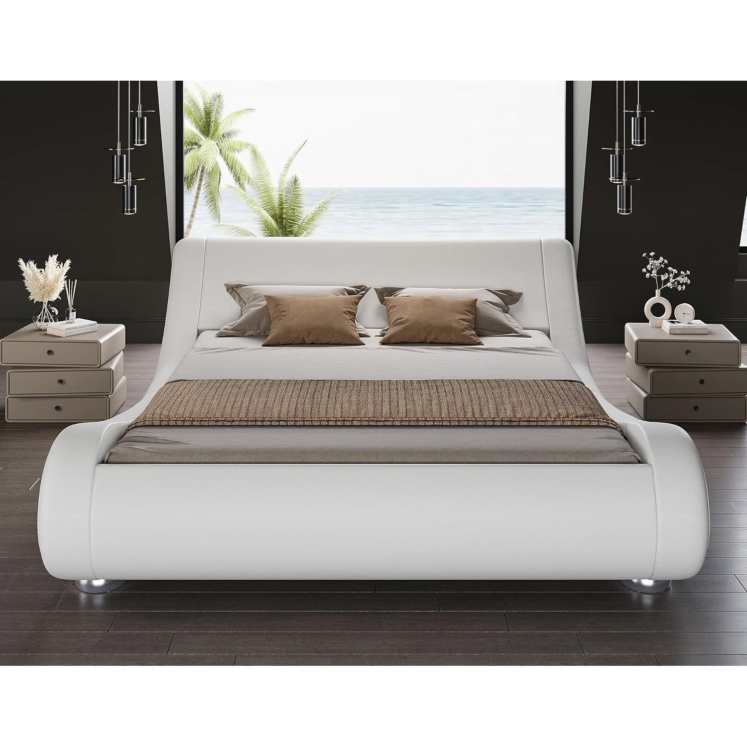 Queen Modern White Upholstered Platform Bed Frame with Sleigh Curved Headboard in a contemporary bedroom setting with ocean view.