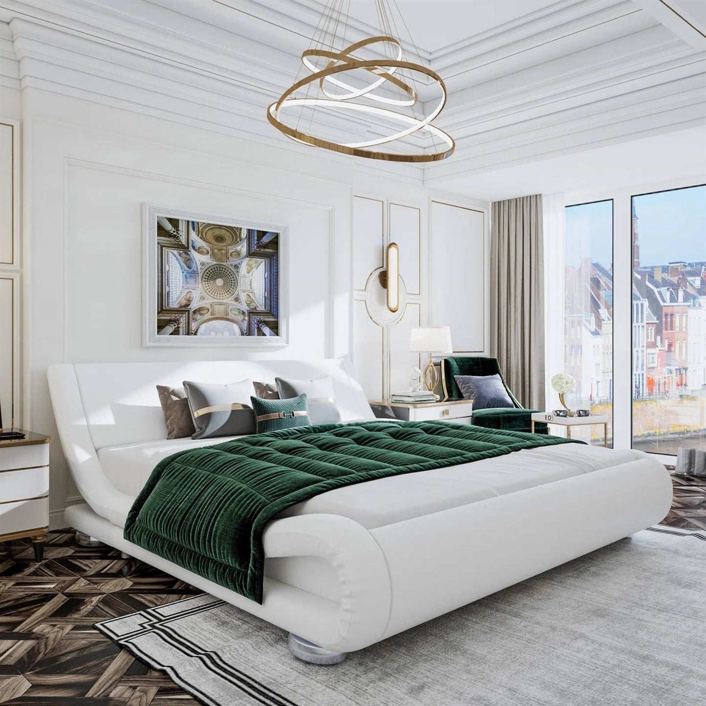 Queen Modern White Upholstered Platform Bed Frame with Sleigh Curved Headboard in a stylish bedroom setting.
