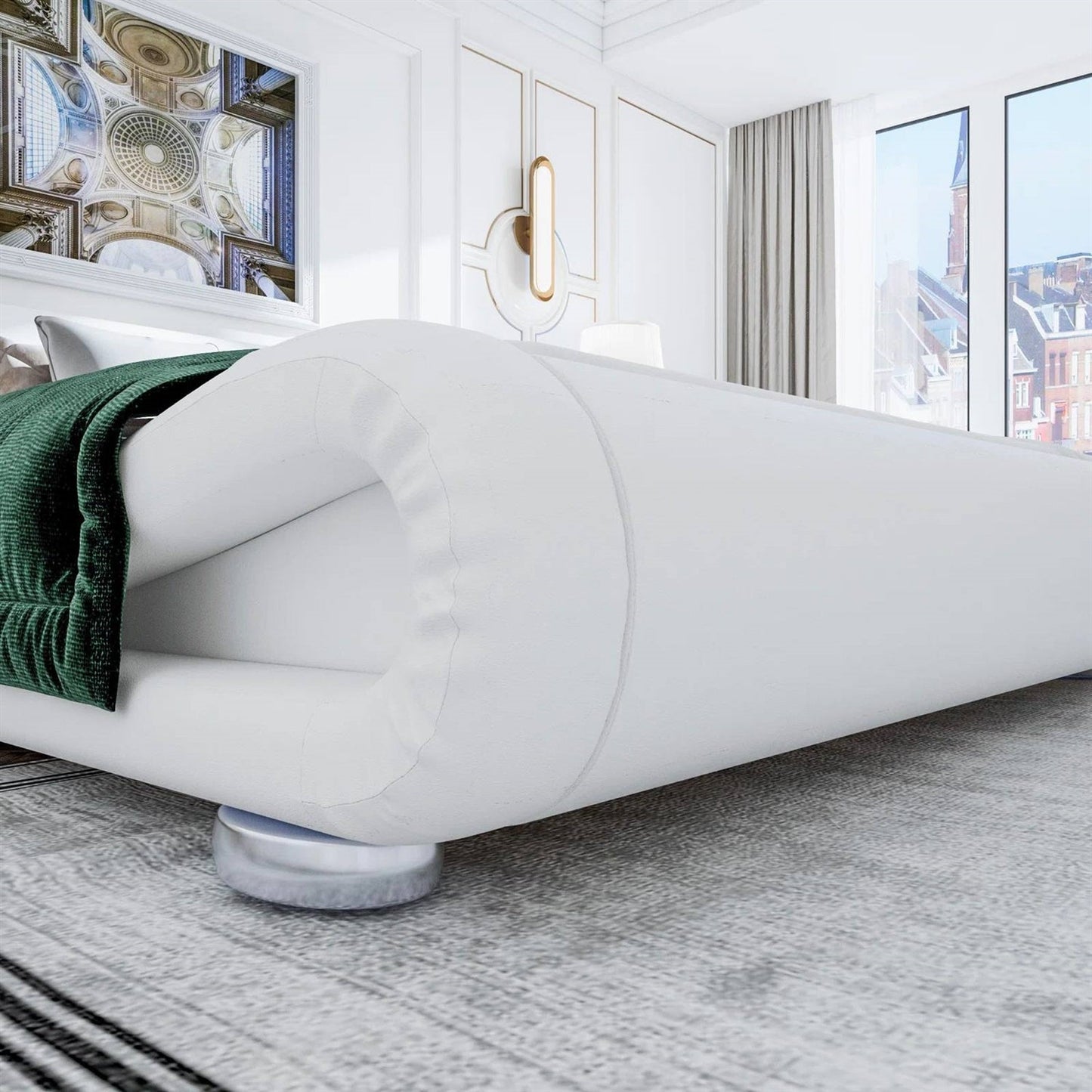 Queen Modern White Upholstered Platform Bed Frame with Sleigh Curved Headboard in futuristic bedroom setting
