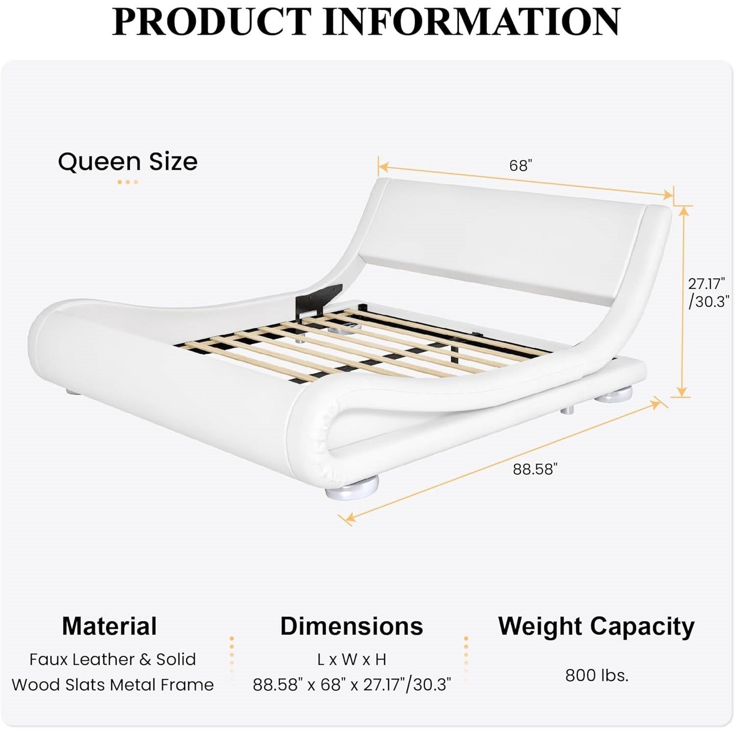 Queen Modern White Upholstered Platform Bed Frame with Sleigh Curved Headboard, dimensions 88.58" x 68" x 27.17/30.3", weight capacity 800 lbs.