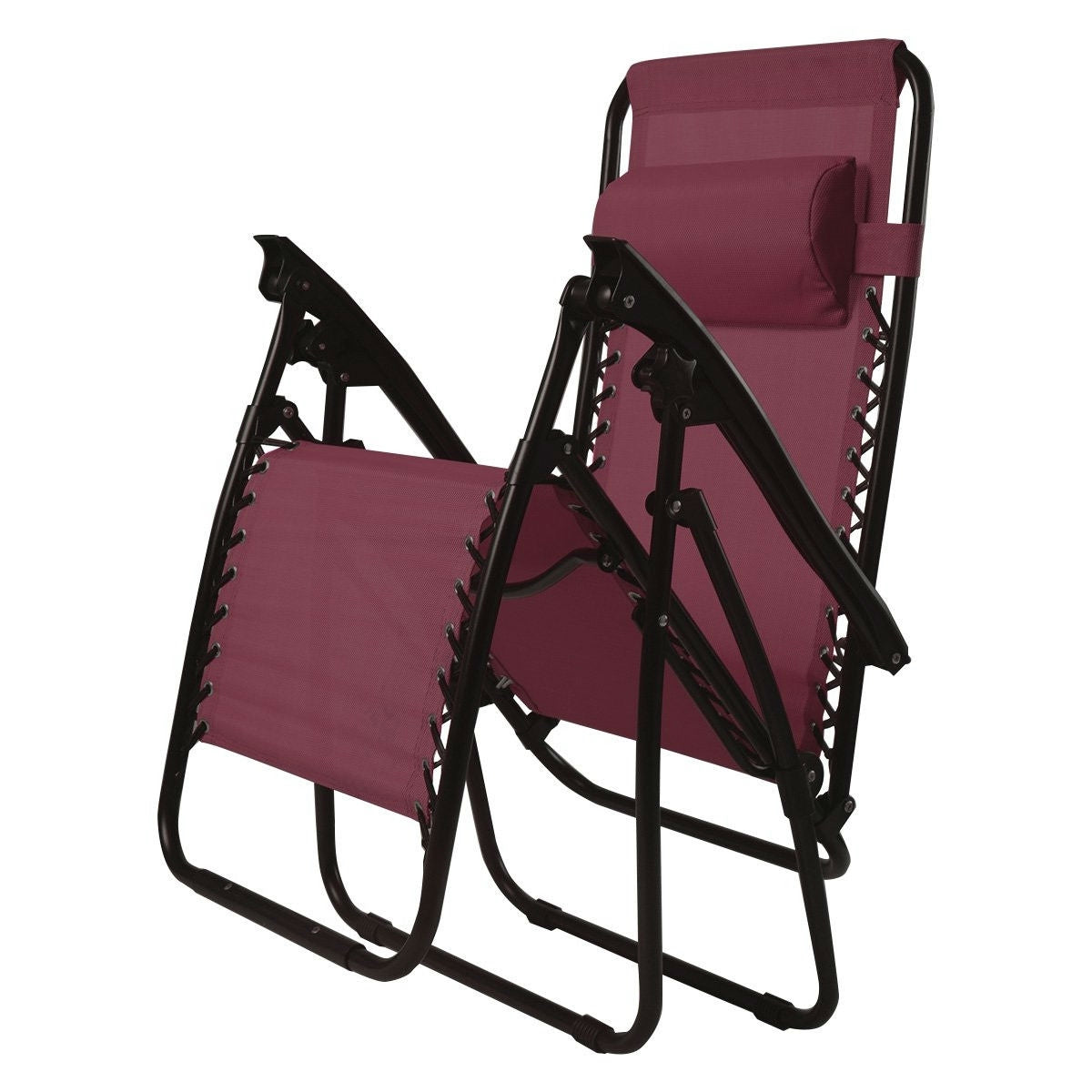 Set of 2 Burgundy Wine Red Folding Outdoor Zero Gravity Lounge Chair on display