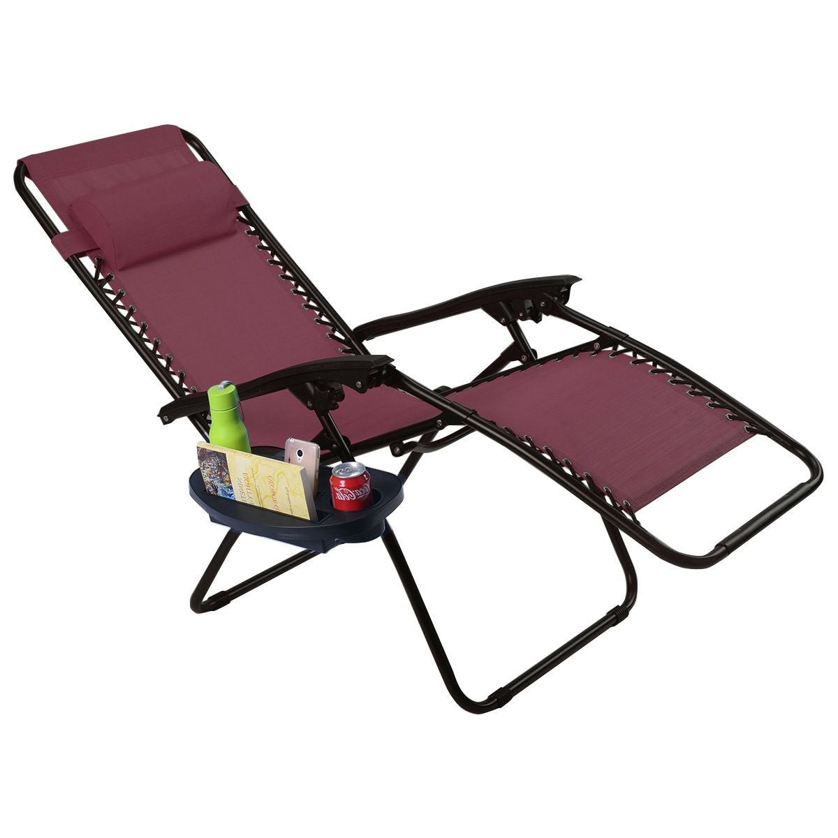 Set of 2 Burgundy Wine Red Folding Outdoor Zero Gravity Lounge Chair with side tray, ideal for patio and garden use.