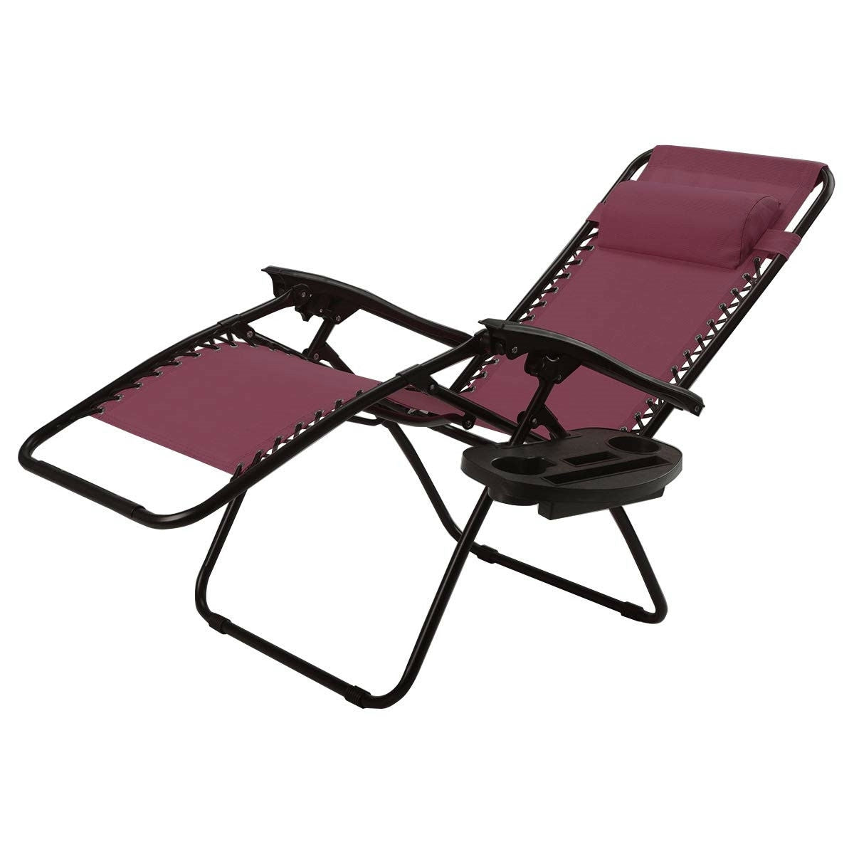 Set of 2 Burgundy Wine Red Folding Outdoor Zero Gravity Lounge Chair displaying reclining position with accessories.
