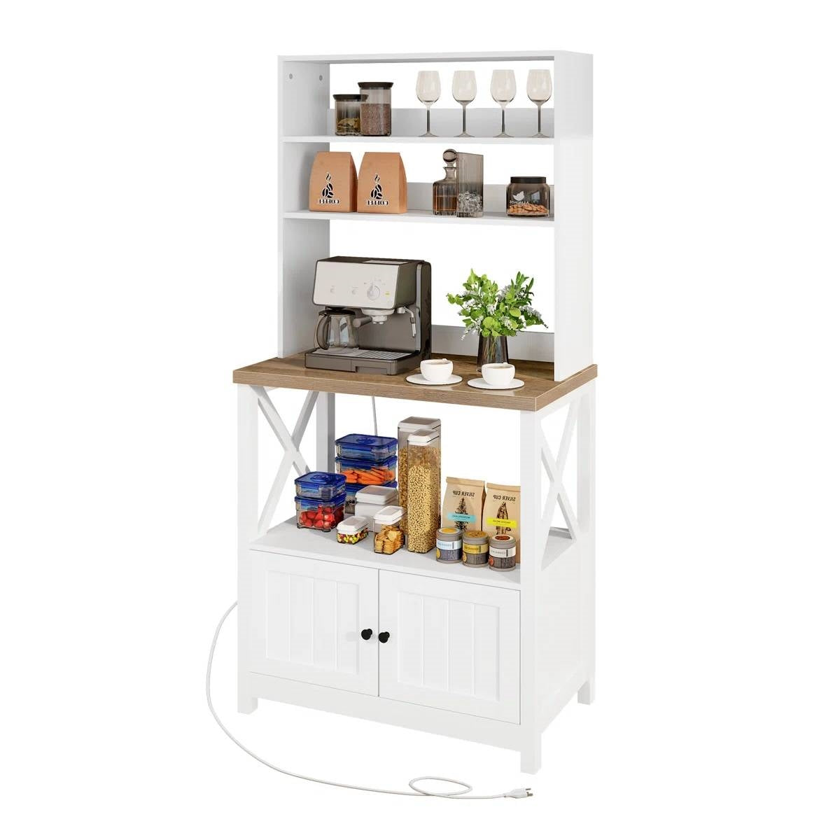 White Modern Farmhouse Baker's Rack Kitchen Shelving Unit Storage Cabinet with shelves and storage space