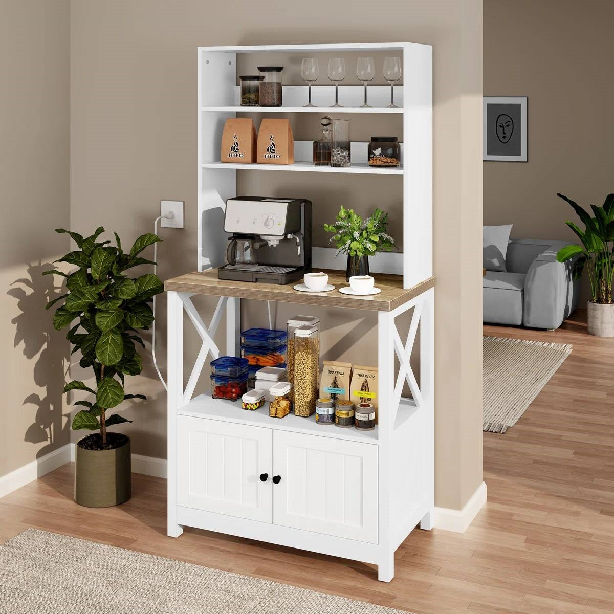 White Modern Farmhouse Baker's Rack Kitchen Shelving Unit Storage Cabinet with accessories and decor in living space.
