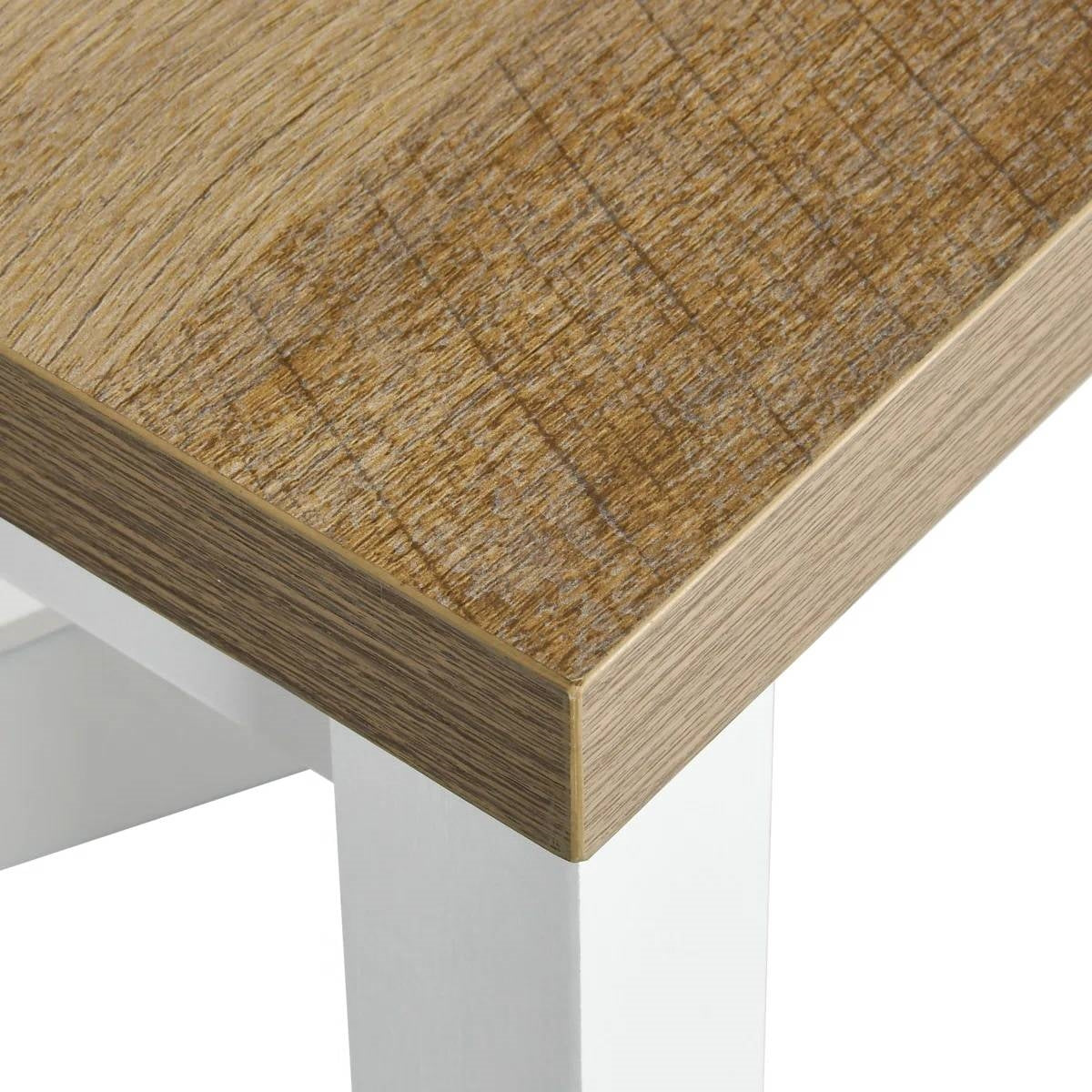 Close-up of wood grain top on White Modern Farmhouse Baker's Rack Kitchen Shelving Unit Storage Cabinet