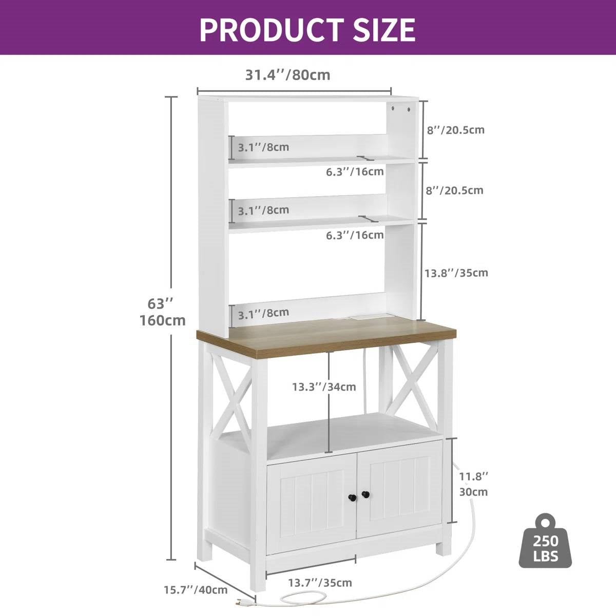 Dimensions of White Modern Farmhouse Baker's Rack Kitchen Shelving Unit Storage Cabinet with weight capacity 250 lbs
