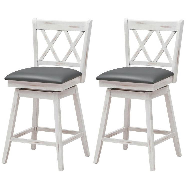 Set of 2 White Wood 24-in Counter Height Farmhouse Swivel Cushion Seat Barstools with padded seats and footrests.