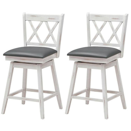Set of 2 White Wood 24-in Counter Height Farmhouse Swivel Cushion Seat Barstools with padded seats and footrests.